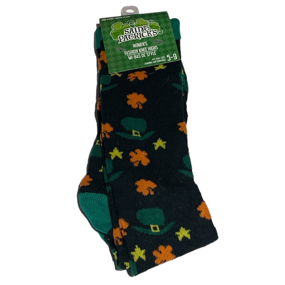 Saint Patrick’s Day Shamrocks Stars & Leprechaun Hats Crew Socks Black Size 5-9